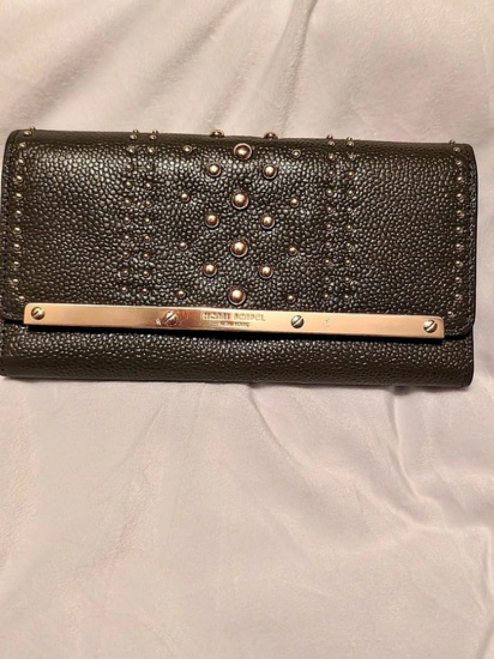 Henri Bendel Carlyle Studded Continental Flap Wallet Olive Green EUC